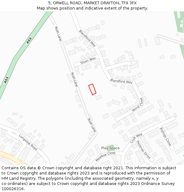 5, ORWELL ROAD, MARKET DRAYTON, TF9 3FX: Location map and indicative extent of plot