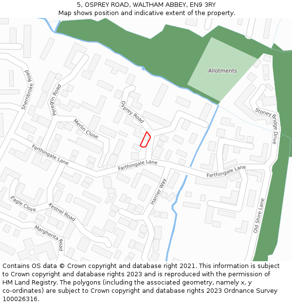 5, OSPREY ROAD, WALTHAM ABBEY, EN9 3RY: Location map and indicative extent of plot
