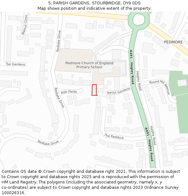 5, PARISH GARDENS, STOURBRIDGE, DY9 0DS: Location map and indicative extent of plot