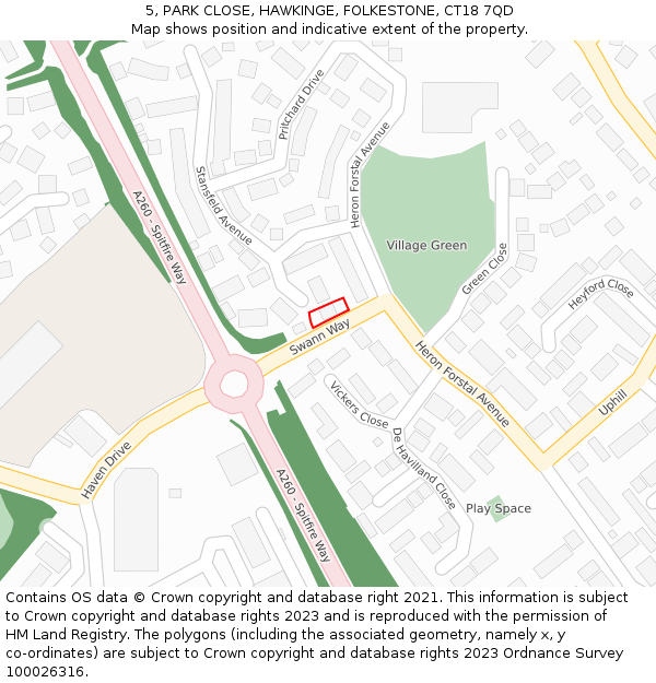 5, PARK CLOSE, HAWKINGE, FOLKESTONE, CT18 7QD: Location map and indicative extent of plot