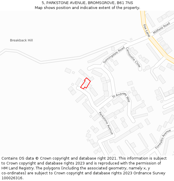 5, PARKSTONE AVENUE, BROMSGROVE, B61 7NS: Location map and indicative extent of plot