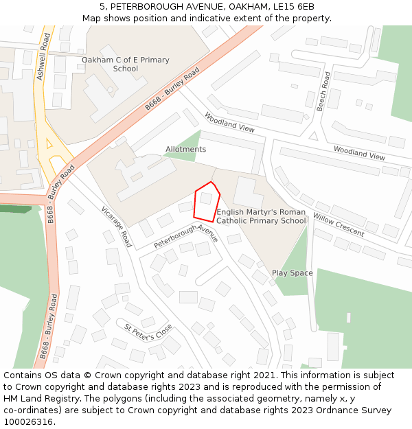 5, PETERBOROUGH AVENUE, OAKHAM, LE15 6EB: Location map and indicative extent of plot