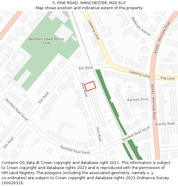 5, PINE ROAD, MANCHESTER, M20 6UY: Location map and indicative extent of plot