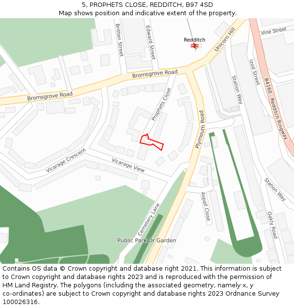 5, PROPHETS CLOSE, REDDITCH, B97 4SD: Location map and indicative extent of plot
