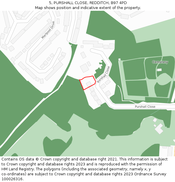 5, PURSHALL CLOSE, REDDITCH, B97 4PD: Location map and indicative extent of plot