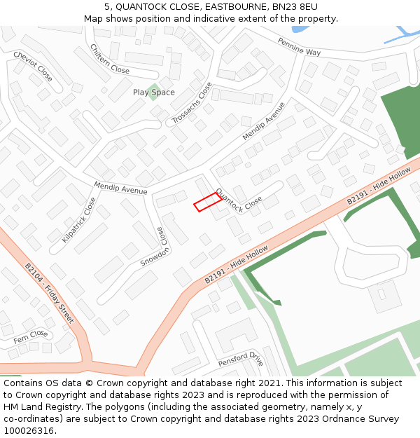 5, QUANTOCK CLOSE, EASTBOURNE, BN23 8EU: Location map and indicative extent of plot