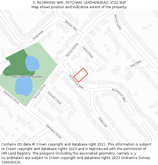 5, RICHMOND WAY, FETCHAM, LEATHERHEAD, KT22 9NP: Location map and indicative extent of plot