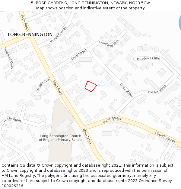 5, ROSE GARDENS, LONG BENNINGTON, NEWARK, NG23 5GW: Location map and indicative extent of plot