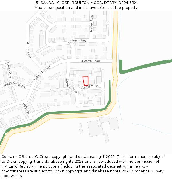 5, SANDAL CLOSE, BOULTON MOOR, DERBY, DE24 5BX: Location map and indicative extent of plot