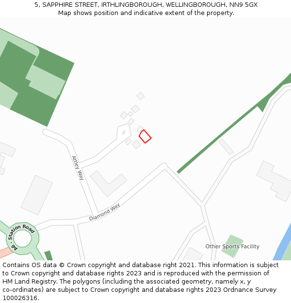 5, SAPPHIRE STREET, IRTHLINGBOROUGH, WELLINGBOROUGH, NN9 5GX: Location map and indicative extent of plot