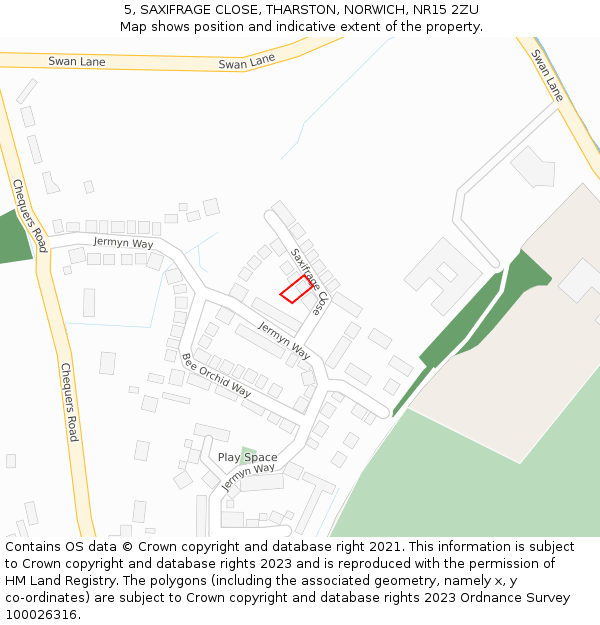 5, SAXIFRAGE CLOSE, THARSTON, NORWICH, NR15 2ZU: Location map and indicative extent of plot