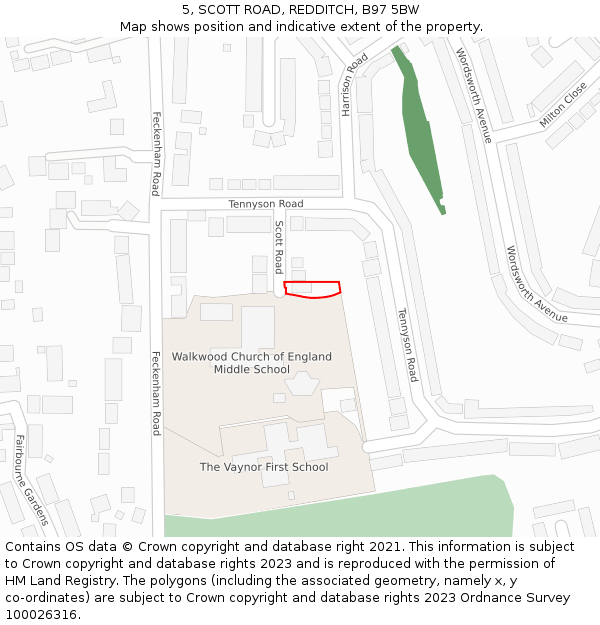 5, SCOTT ROAD, REDDITCH, B97 5BW: Location map and indicative extent of plot