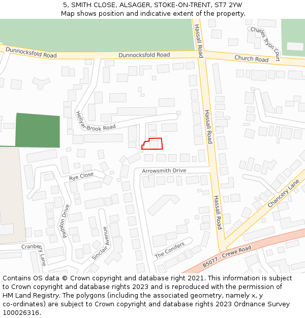 5, SMITH CLOSE, ALSAGER, STOKE-ON-TRENT, ST7 2YW: Location map and indicative extent of plot