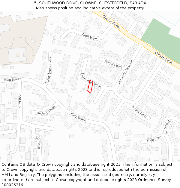 5, SOUTHWOOD DRIVE, CLOWNE, CHESTERFIELD, S43 4DX: Location map and indicative extent of plot