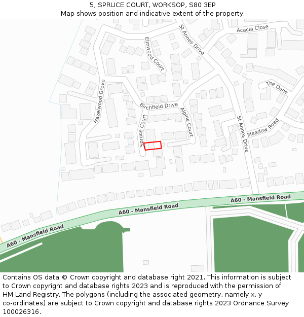 5, SPRUCE COURT, WORKSOP, S80 3EP: Location map and indicative extent of plot