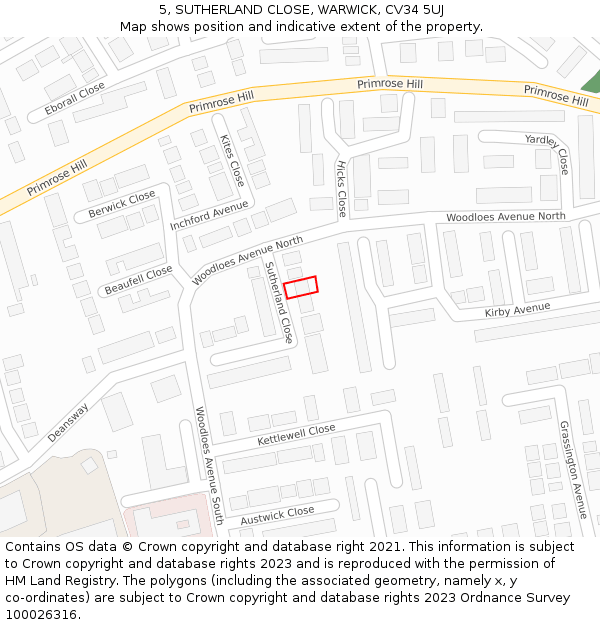 5, SUTHERLAND CLOSE, WARWICK, CV34 5UJ: Location map and indicative extent of plot
