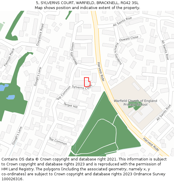 5, SYLVERNS COURT, WARFIELD, BRACKNELL, RG42 3SL: Location map and indicative extent of plot