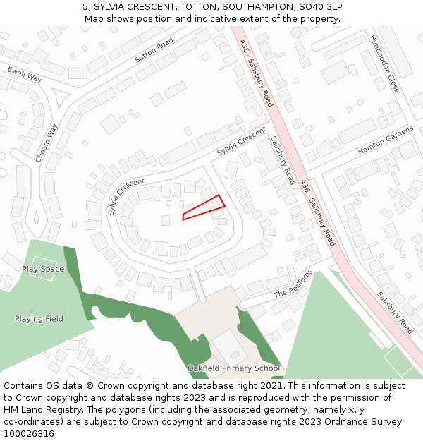 5, SYLVIA CRESCENT, TOTTON, SOUTHAMPTON, SO40 3LP: Location map and indicative extent of plot