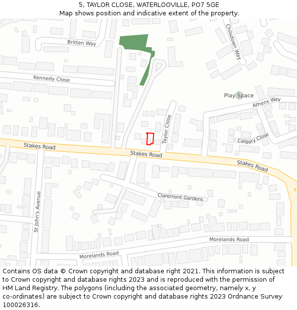 5, TAYLOR CLOSE, WATERLOOVILLE, PO7 5GE: Location map and indicative extent of plot