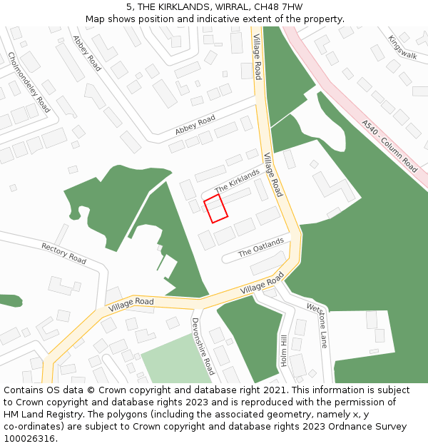 5, THE KIRKLANDS, WIRRAL, CH48 7HW: Location map and indicative extent of plot