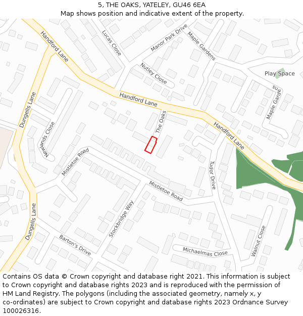 5, THE OAKS, YATELEY, GU46 6EA: Location map and indicative extent of plot