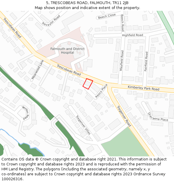 5, TRESCOBEAS ROAD, FALMOUTH, TR11 2JB: Location map and indicative extent of plot