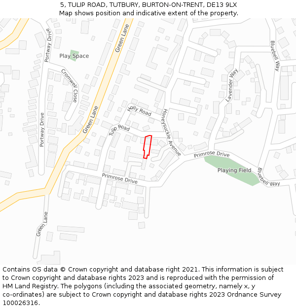 5, TULIP ROAD, TUTBURY, BURTON-ON-TRENT, DE13 9LX: Location map and indicative extent of plot