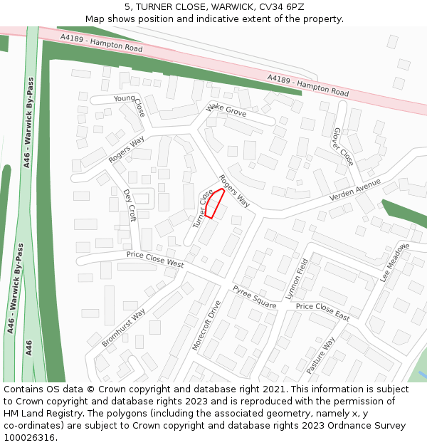 5, TURNER CLOSE, WARWICK, CV34 6PZ: Location map and indicative extent of plot