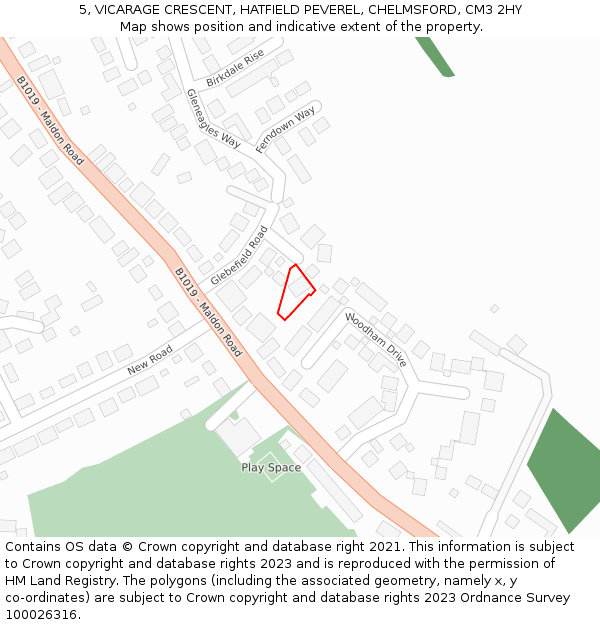 5, VICARAGE CRESCENT, HATFIELD PEVEREL, CHELMSFORD, CM3 2HY: Location map and indicative extent of plot