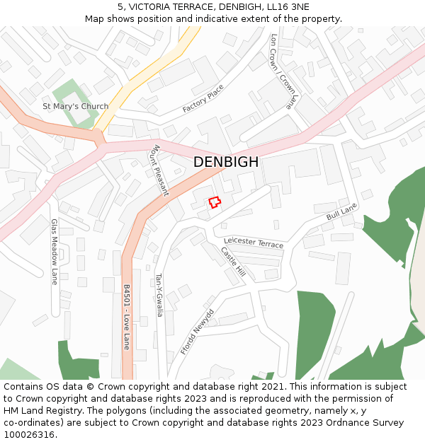 5, VICTORIA TERRACE, DENBIGH, LL16 3NE: Location map and indicative extent of plot