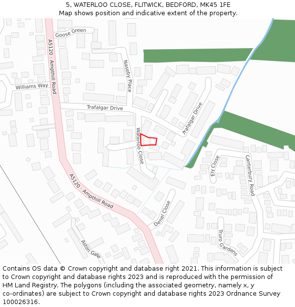 5, WATERLOO CLOSE, FLITWICK, BEDFORD, MK45 1FE: Location map and indicative extent of plot