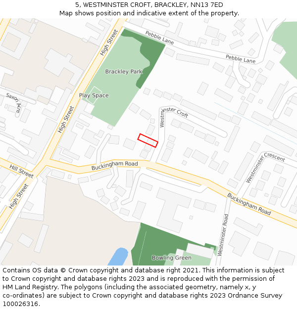 5, WESTMINSTER CROFT, BRACKLEY, NN13 7ED: Location map and indicative extent of plot