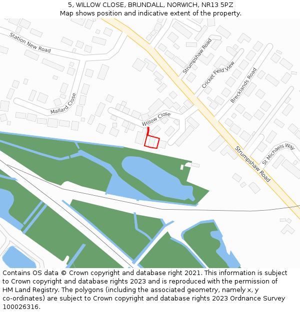 5, WILLOW CLOSE, BRUNDALL, NORWICH, NR13 5PZ: Location map and indicative extent of plot