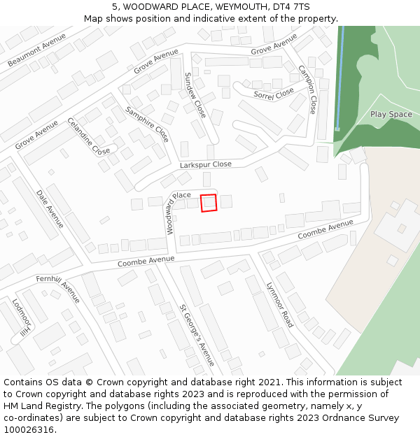 5, WOODWARD PLACE, WEYMOUTH, DT4 7TS: Location map and indicative extent of plot