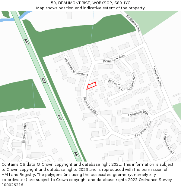 50, BEAUMONT RISE, WORKSOP, S80 1YG: Location map and indicative extent of plot