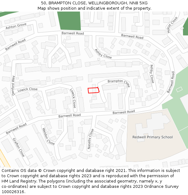50, BRAMPTON CLOSE, WELLINGBOROUGH, NN8 5XG: Location map and indicative extent of plot