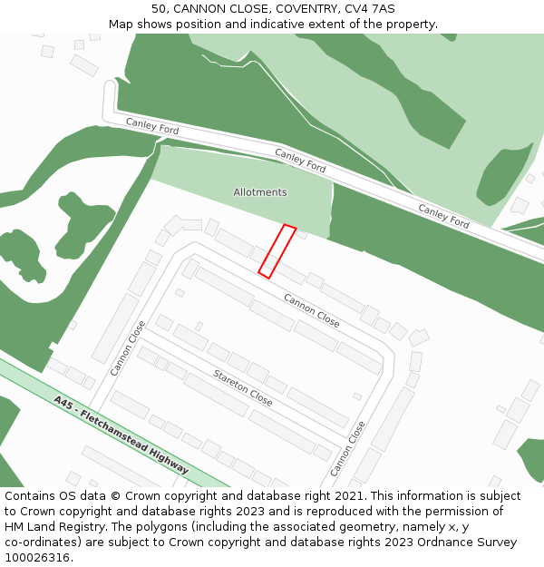 50, CANNON CLOSE, COVENTRY, CV4 7AS: Location map and indicative extent of plot