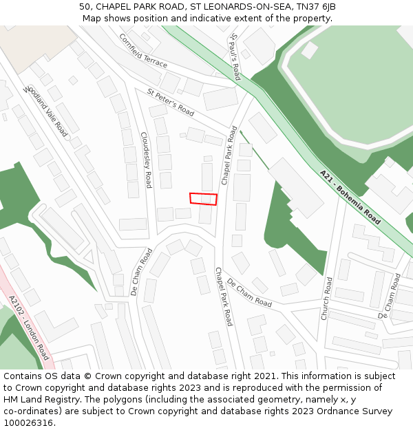 50, CHAPEL PARK ROAD, ST LEONARDS-ON-SEA, TN37 6JB: Location map and indicative extent of plot