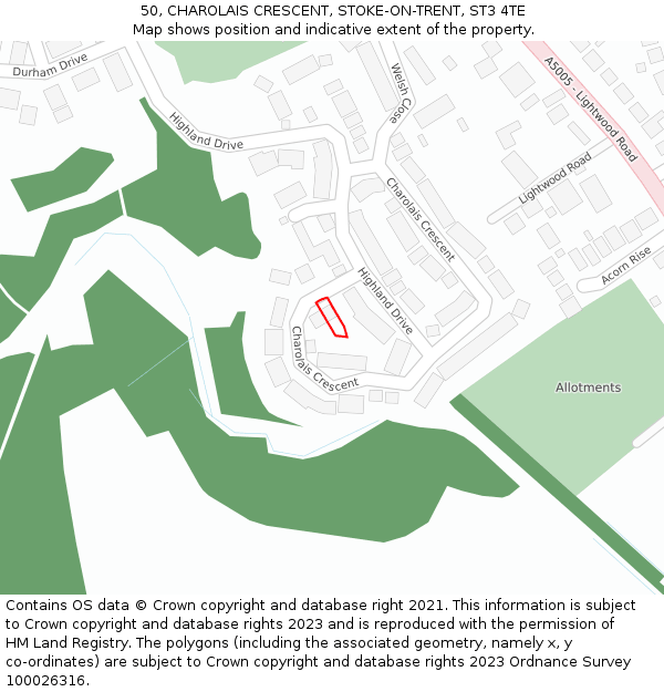 50, CHAROLAIS CRESCENT, STOKE-ON-TRENT, ST3 4TE: Location map and indicative extent of plot