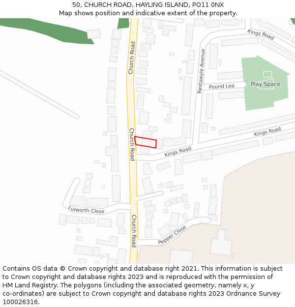 50, CHURCH ROAD, HAYLING ISLAND, PO11 0NX: Location map and indicative extent of plot