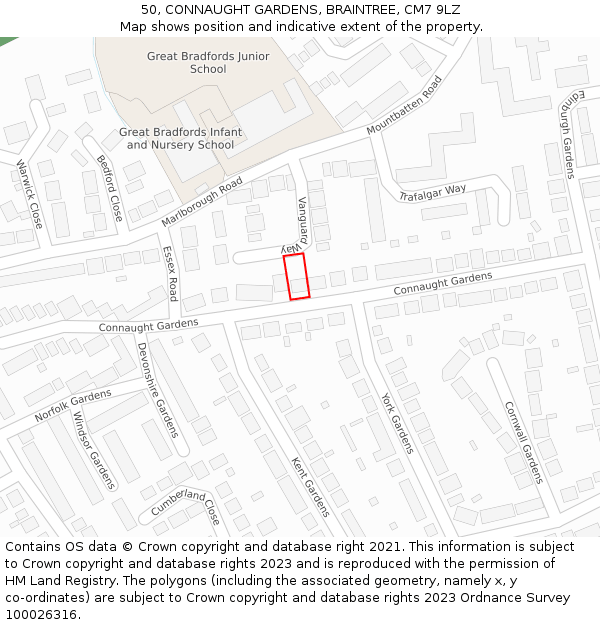 50, CONNAUGHT GARDENS, BRAINTREE, CM7 9LZ: Location map and indicative extent of plot