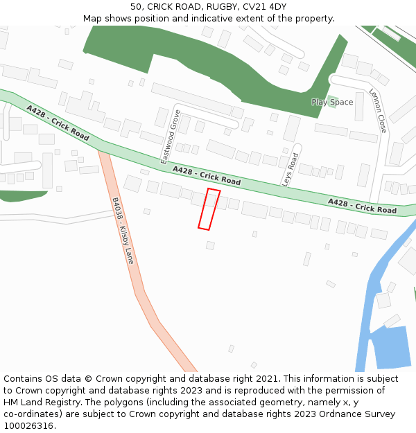 50, CRICK ROAD, RUGBY, CV21 4DY: Location map and indicative extent of plot