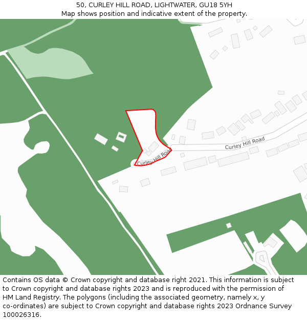50, CURLEY HILL ROAD, LIGHTWATER, GU18 5YH: Location map and indicative extent of plot