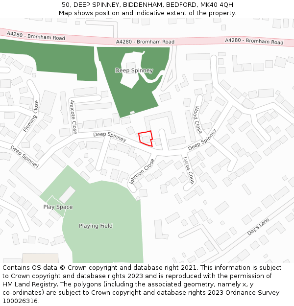 50, DEEP SPINNEY, BIDDENHAM, BEDFORD, MK40 4QH: Location map and indicative extent of plot