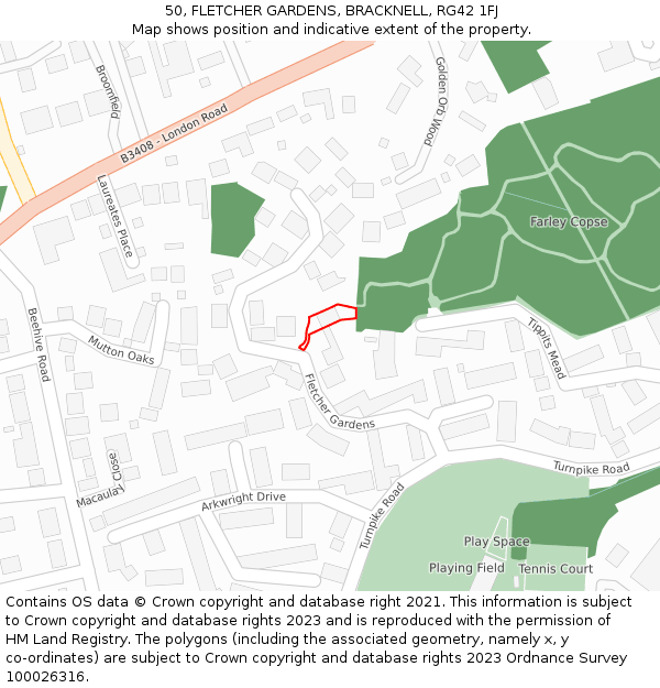 50, FLETCHER GARDENS, BRACKNELL, RG42 1FJ: Location map and indicative extent of plot