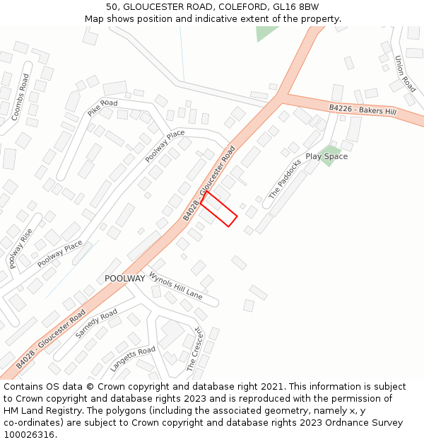 50, GLOUCESTER ROAD, COLEFORD, GL16 8BW: Location map and indicative extent of plot