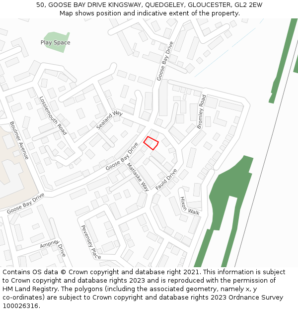 50, GOOSE BAY DRIVE KINGSWAY, QUEDGELEY, GLOUCESTER, GL2 2EW: Location map and indicative extent of plot