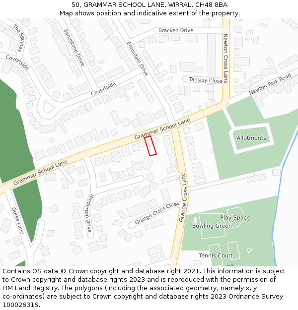 50, GRAMMAR SCHOOL LANE, WIRRAL, CH48 8BA: Location map and indicative extent of plot