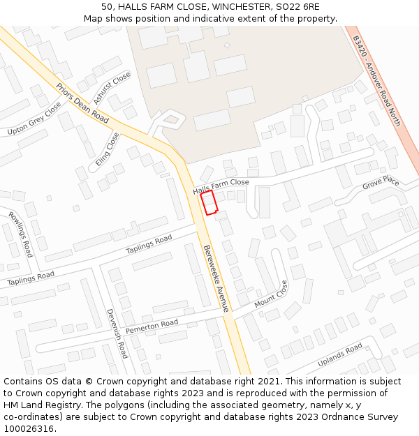 50, HALLS FARM CLOSE, WINCHESTER, SO22 6RE: Location map and indicative extent of plot