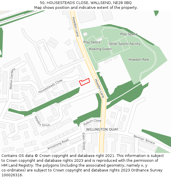 50, HOUSESTEADS CLOSE, WALLSEND, NE28 0BQ: Location map and indicative extent of plot